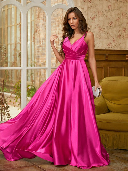 Satin Ruched V-neck Sleeveless Sweep/Brush Train Dresses
