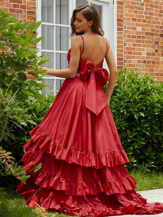 Taffeta Layers V-neck Sleeveless Asymmetrical Dresses