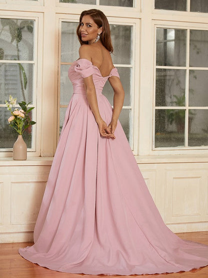 Crepe Ruffles Off-the-Shoulder Sleeveless Sweep/Brush Train Dresses
