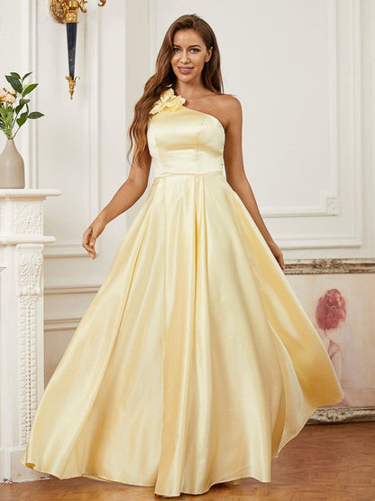 Satin Hand-Made Flower One-Shoulder Sleeveless Floor-Length Dresses