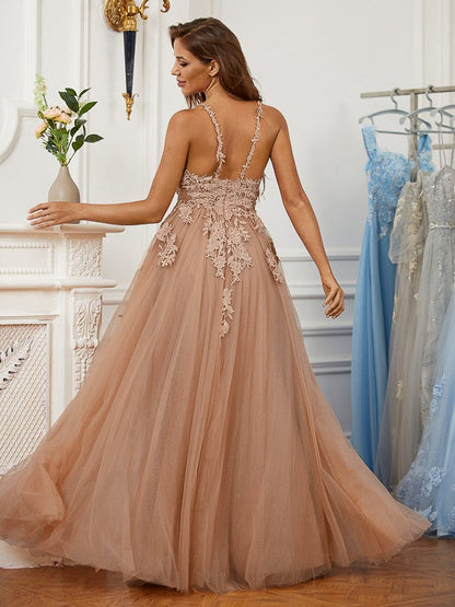 Tulle Applique V-neck Sleeveless Floor-Length Dresses