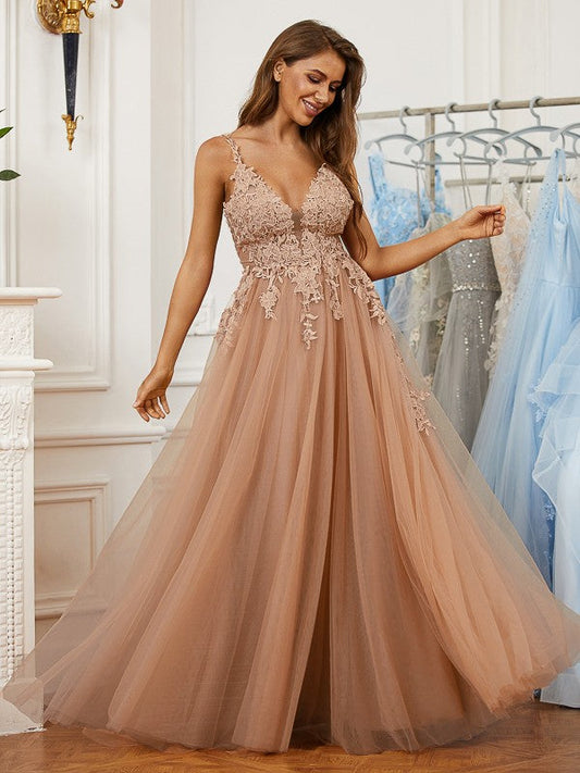 Tulle Applique V-neck Sleeveless Floor-Length Dresses