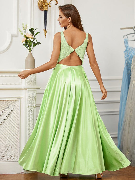 Woven Satin Lace V-neck Sleeveless Floor-Length Dresses