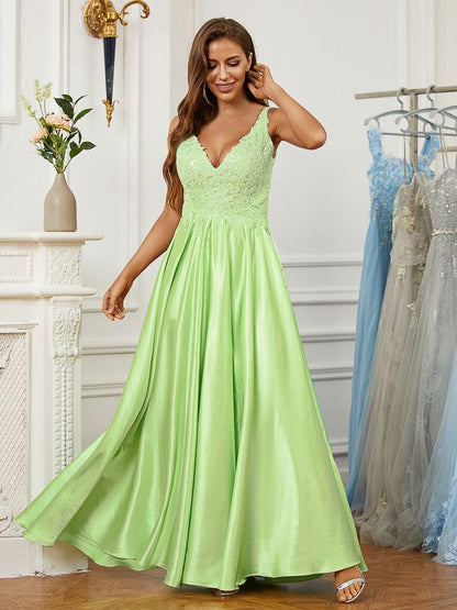 Woven Satin Lace V-neck Sleeveless Floor-Length Dresses