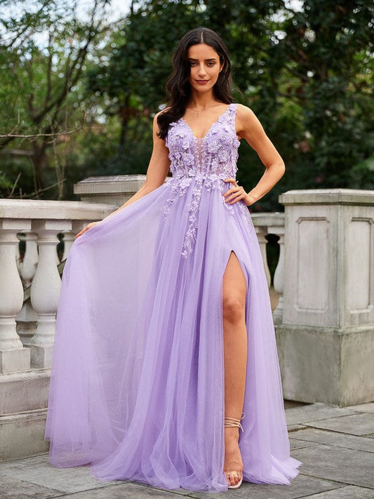 Tulle Applique V-neck Sleeveless Floor-Length Dresses