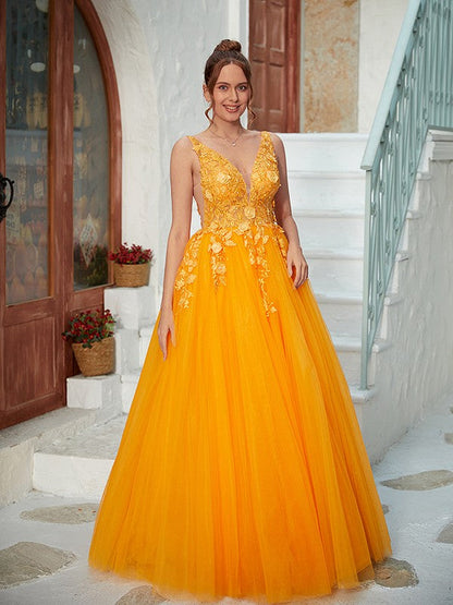 Tulle Applique V-neck Sleeveless Floor-Length Dresses