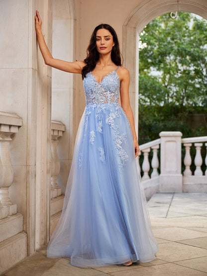Tulle Applique V-neck Sleeveless Floor-Length Dresses