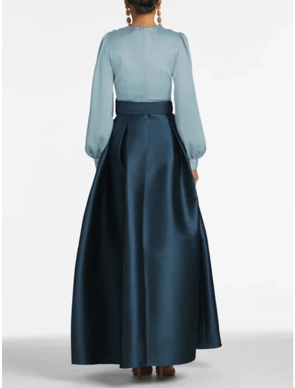 A-Line Satin Green Dress Formal Wedding Guest Dress Elegant Evening Gown High Split Pocket Long Sleeve Floor Length Color Block V Neck Belt