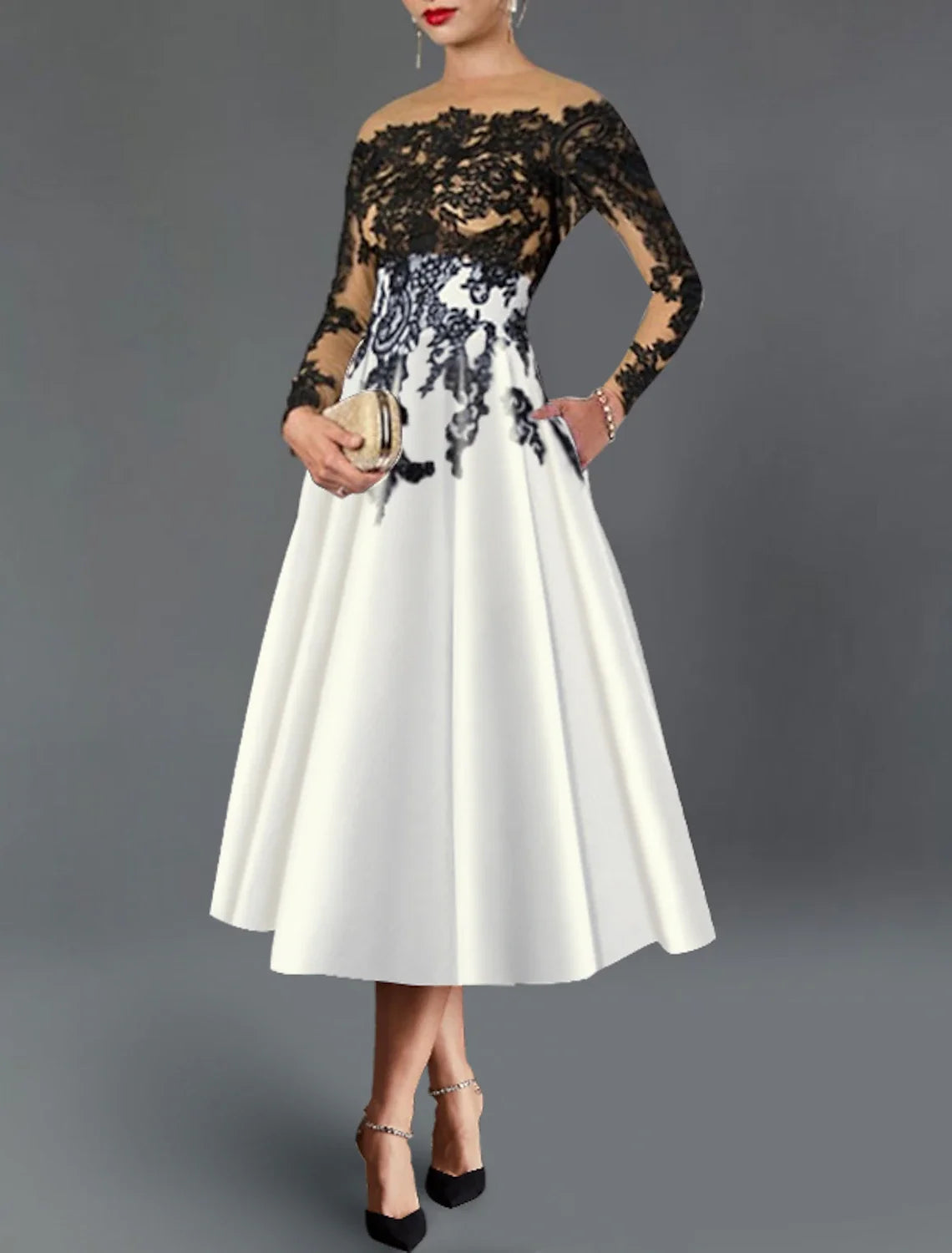 A-Line Cocktail Dresses Elegant Dress Fall Wedding Guest Dress For Mother Color Block Formal Tea Length 3/4 Length Sleeve Off Shoulder Pocket Satin