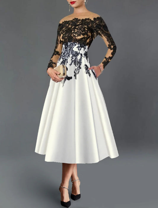 A-Line Cocktail Dresses Elegant Dress Fall Wedding Guest Dress For Mother Color Block Formal Tea Length 3/4 Length Sleeve Off Shoulder Pocket Satin