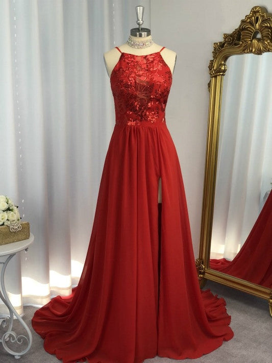 Sleeveless Halter Chiffon Applique Sweep/Brush Train Dresses