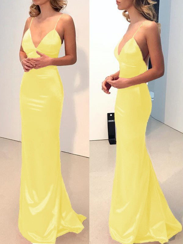 V-neck Sweep/Brush Train Woven Satin Dresses