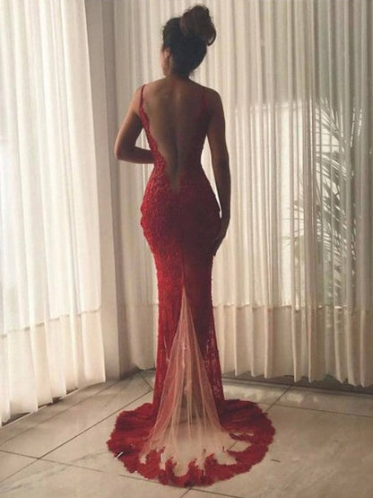 V-neck Sweep/Brush Train Lace Tulle Dresses