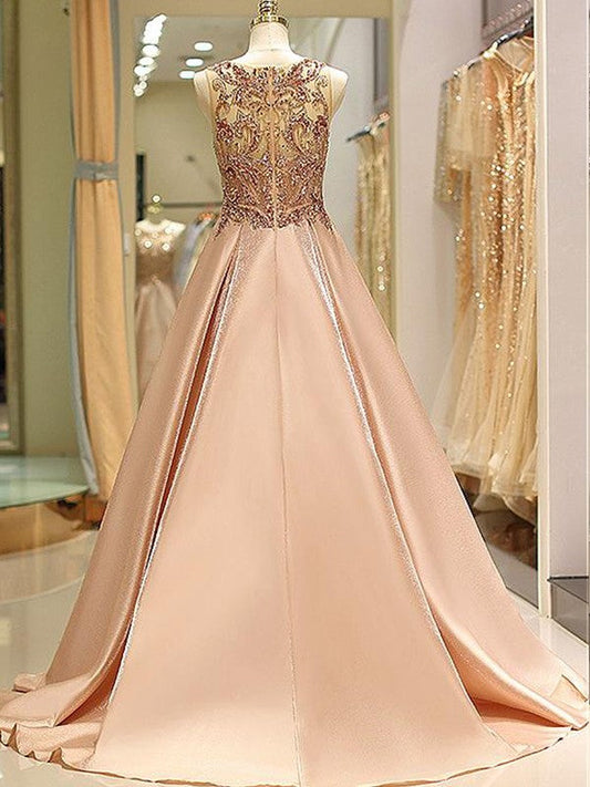 Sleeveless Bateau Sweep/Brush Train Beading Satin Dresses