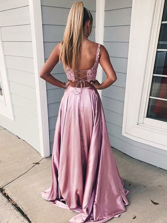Sleeveless Square Sweep/Brush Train Applique Silk like Satin Two Piece Dresses