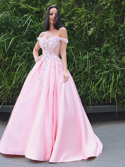 Satin Applique Off-the-Shoulder Sleeveless Sweep/Brush Train Dresses