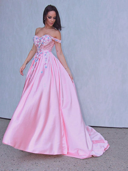 Satin Applique Off-the-Shoulder Sleeveless Sweep/Brush Train Dresses