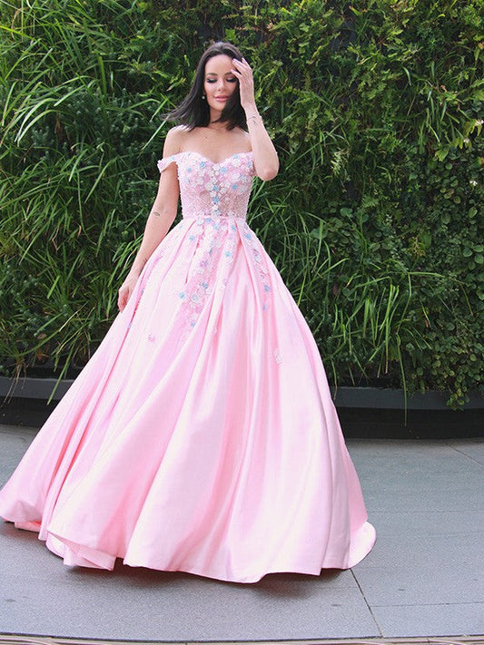 Satin Applique Off-the-Shoulder Sleeveless Sweep/Brush Train Dresses