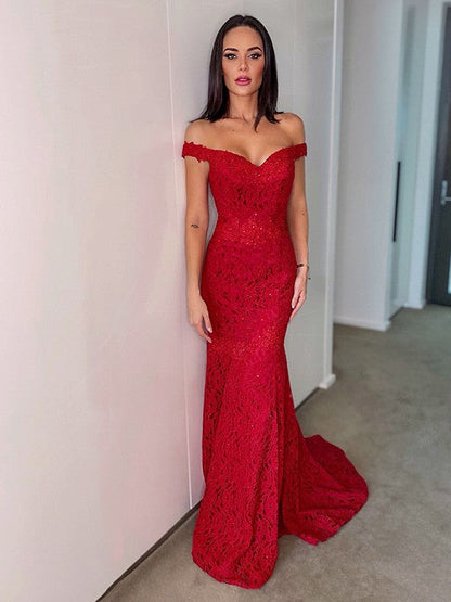 Off-the-Shoulder Sleeveless Lace Ruffles Sweep/Brush Train Dresses