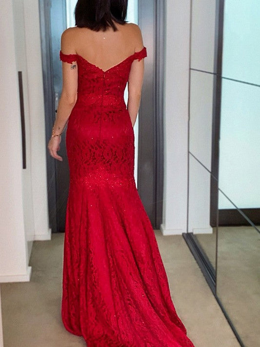 Off-the-Shoulder Sleeveless Lace Ruffles Sweep/Brush Train Dresses