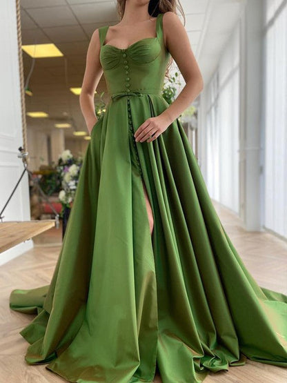 Court Train Straps Sleeveless Satin Ruffles Dresses