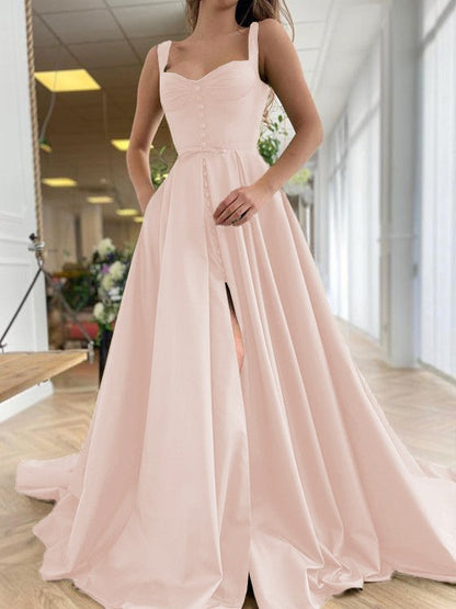 Court Train Straps Sleeveless Satin Ruffles Dresses