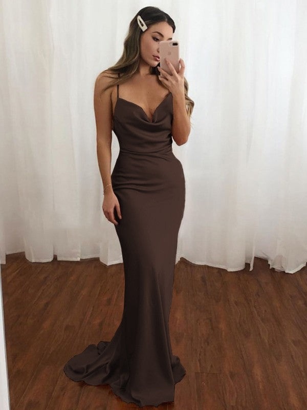 Sheath/Column Spaghetti Straps Ruched Sleeveless Train Dresses