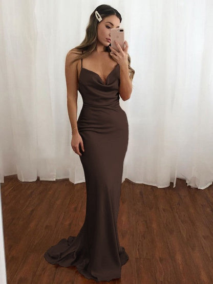 Sheath/Column Spaghetti Straps Ruched Sleeveless Train Dresses