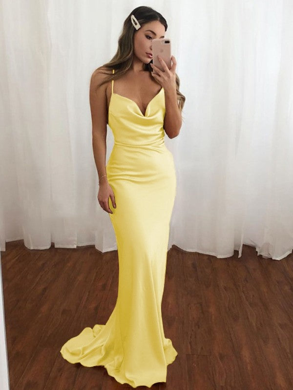 Sheath/Column Spaghetti Straps Ruched Sleeveless Train Dresses
