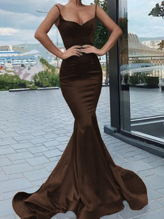 Satin Ruffles Spaghetti Straps Sleeveless Sweep/Brush Train Dresses