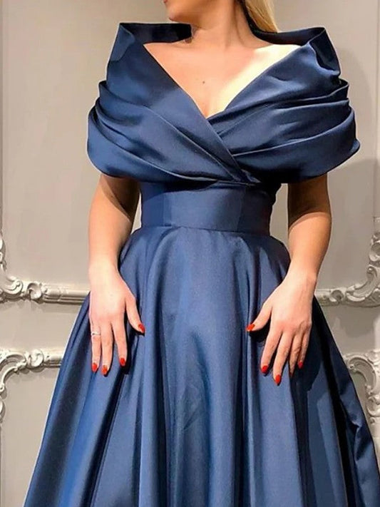 Satin Ruffles V-neck Sleeveless Sweep/Brush Train Dresses