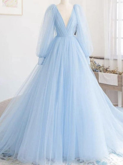 Tulle Ruffles V-neck Long Sleeves Sweep/Brush Train Dresses