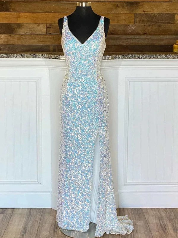 Dress Backless Sequins V-neck Sleeveless Sweep/Brush Train Dresses