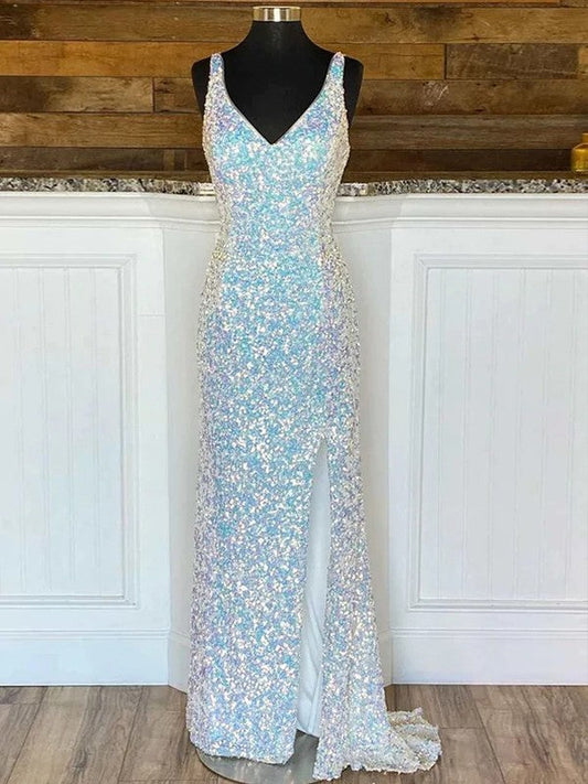 Dress Backless Sequins V-neck Sleeveless Sweep/Brush Train Dresses
