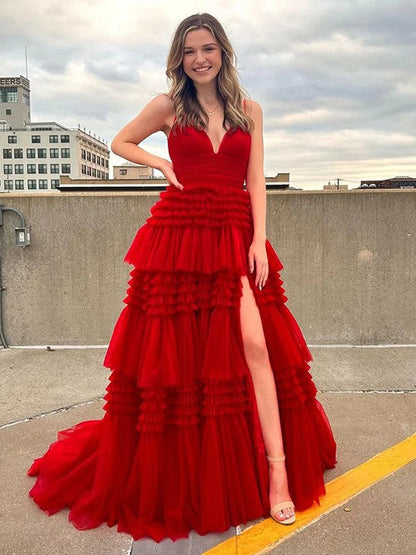 Tulle Ruffles V-neck Sleeveless Sweep/Brush Train Dresses