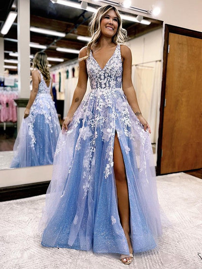 Tulle Applique V-neck Sleeveless Sweep/Brush Train Dresses