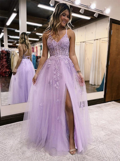 Tulle Applique V-neck Sleeveless Floor-Length Dresses