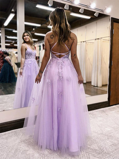 Tulle Applique V-neck Sleeveless Floor-Length Dresses