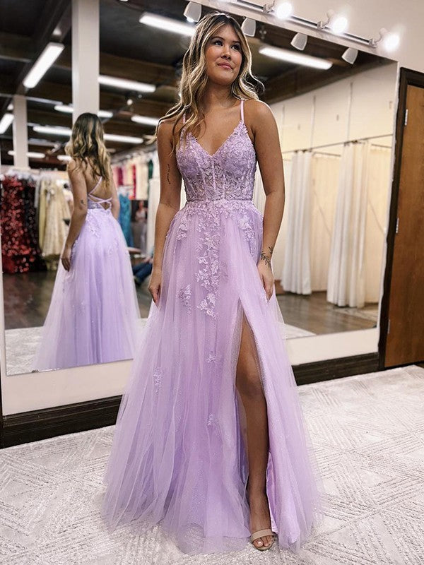 Tulle Applique V-neck Sleeveless Floor-Length Dresses