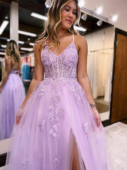 Tulle Applique V-neck Sleeveless Floor-Length Dresses