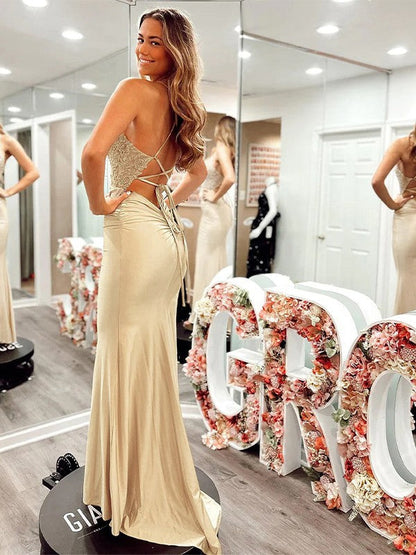Applique V-neck Sleeveless Sweep/Brush Train Dresses