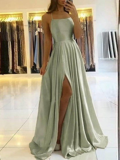 Satin Ruffles Spaghetti Straps Sleeveless Sweep/Brush Train Dresses