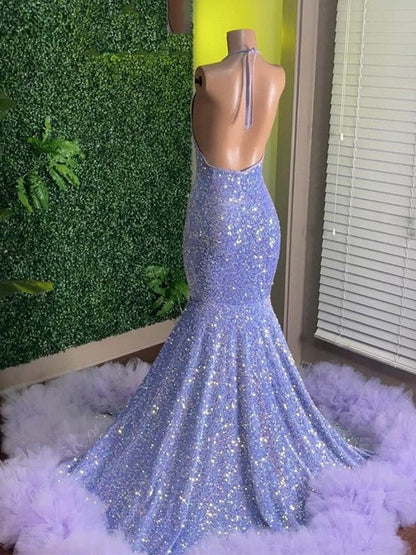 Velvet Sequins Ruffles Halter Sleeveless Sweep/Brush Train Dresses