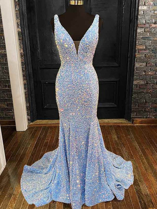 Velvet Sequins V-neck Sleeveless Sweep/Brush Train Dresses