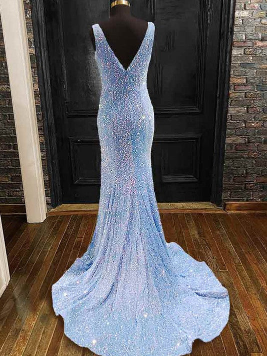 Velvet Sequins V-neck Sleeveless Sweep/Brush Train Dresses