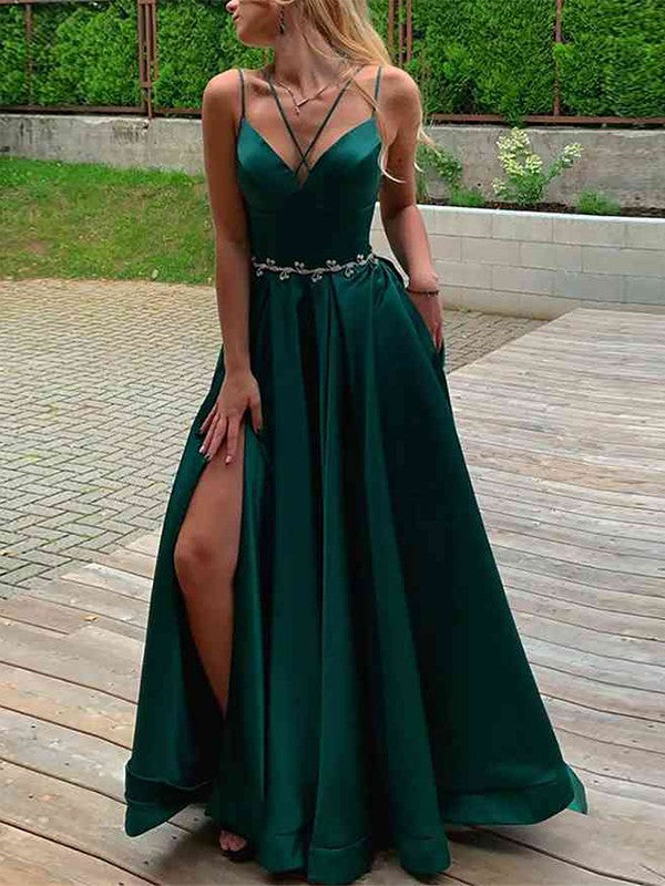 Woven Satin Spaghetti Straps Sleeveless Sweep/Brush Train Dresses