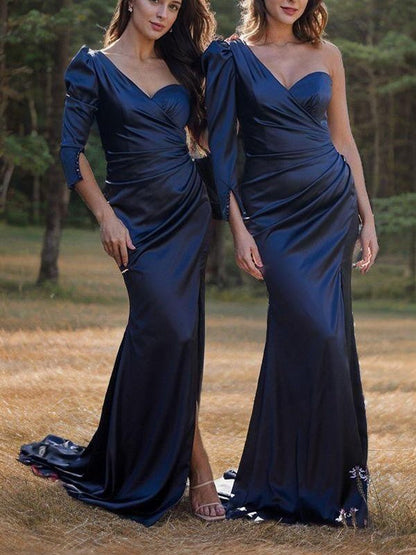Satin Ruched One-Shoulder Sleeveless Sweep/Brush Train Bridesmaid Dresses