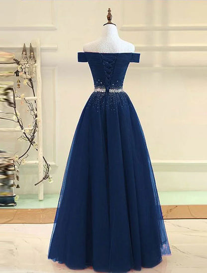 A-Line Evening Gown Party Dress Party Wear Floor Length Short Sleeve One Shoulder Tulle