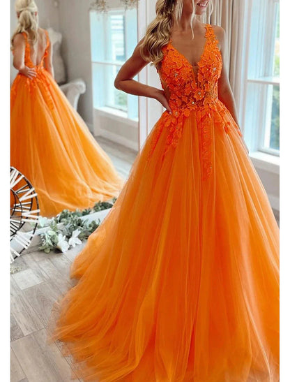 A-Line Prom Dresses Open Back Dress Formal Wedding Guest Floor Length Sleeveless V Neck Tulle Backless