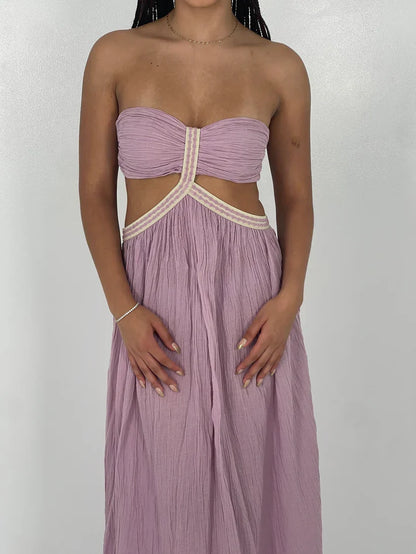 Lilac Crinkled A‑Line Strapless Twist‑Bandeau Cut‑Out Open‑Back Floor‑Length Prom Dress For Party